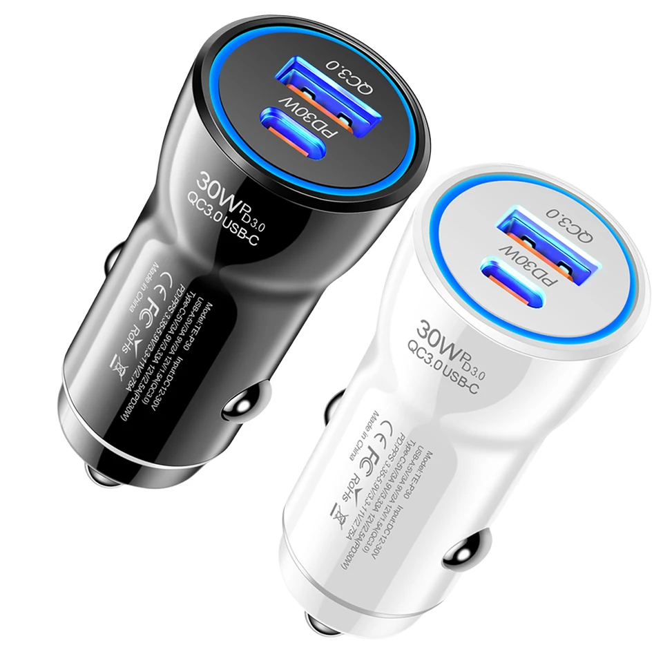PD 30W Car USB Adapter USB Typ C USB nabíjačka Socket Shock Rýchle nabíjanie vozidla Power Adapter Viacnásobná ochrana pre iPhone Vivo Samsung