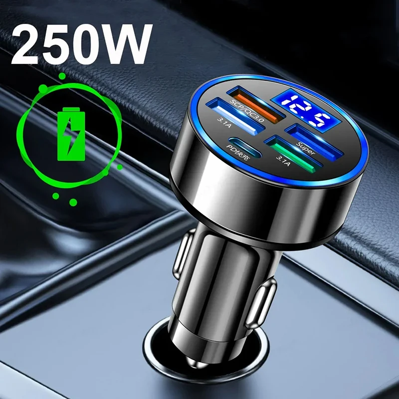 PD 5 v 1 QC3.0 nabíjačka automobilu 12-24V Digitálny displej mobilného telefónu 4 USB Typ C Rýchle nabíjanie pre iPhone Samsung Huawei Xiaomi