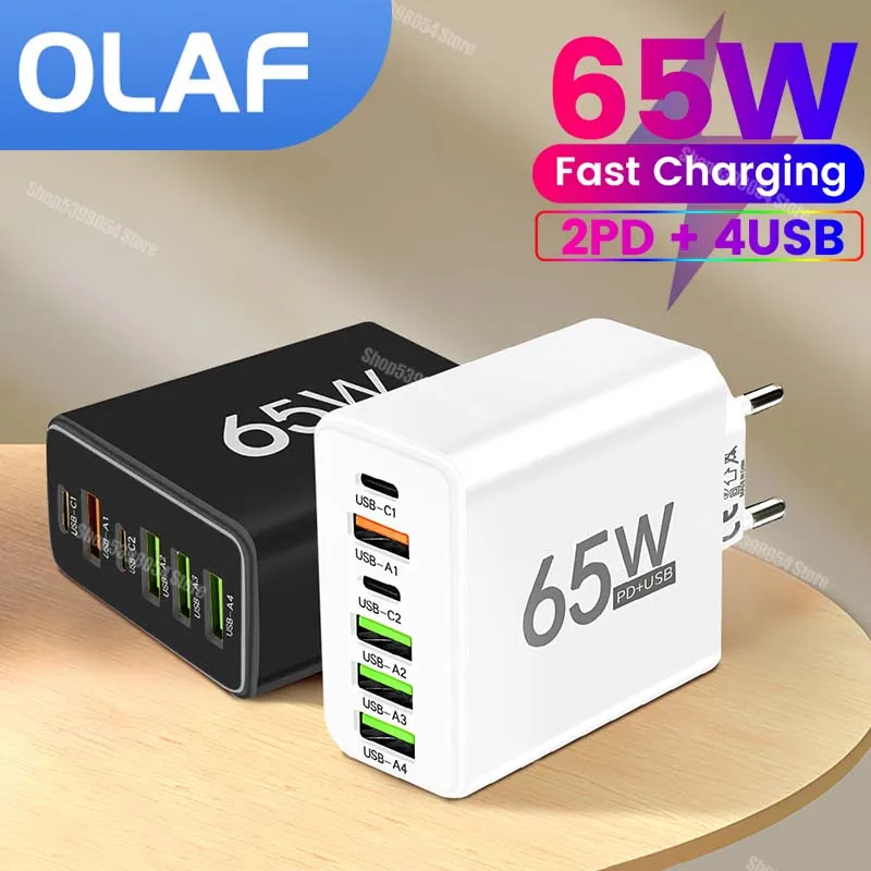 PD 65W Nabíjačka typu C Multi port QC 3.0 Rýchle nabíjacie nabíjačka pre iPhone 15 14 Samsung OnePlus Xiaomi Mobile Phone Adapter
