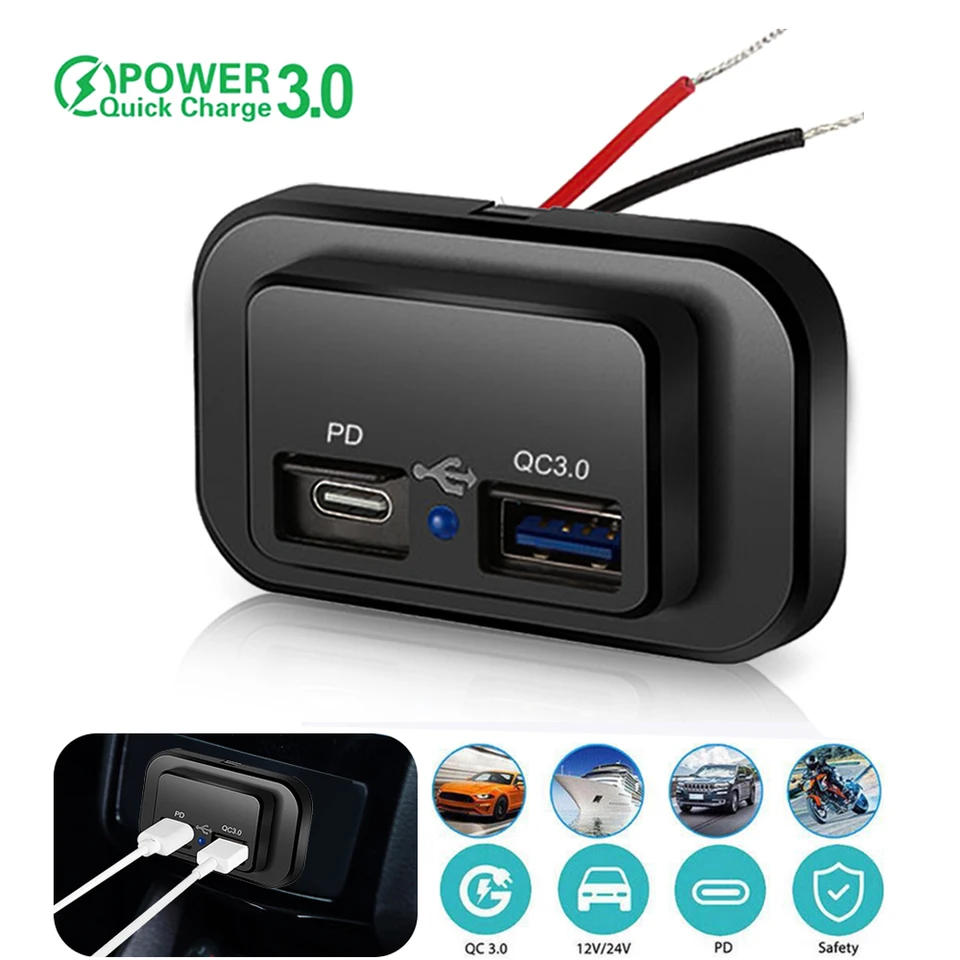 PD QC3.0 CAR nabíjačku na nabíjačku s rýchlym nabíjaním 12v/24 V pre motocykel Automatic Truck ATV RV BUS Dual USB napájací adaptér výstup LED svetlo