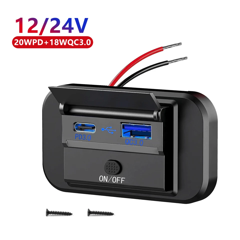 PD QC3.0 Rýchle nabíjacie auto nabíjačka Dual USB Power Adapter Outlet LED LIGHT 12V/24V pre automobilový nákladný automobil ATV RV Bus