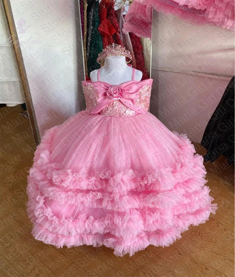 Peach Pink Spaghetti Strap Frill Flower Girl Šaty s potopenými rukávmi delaminacia princezná, narodeninové večerné šaty