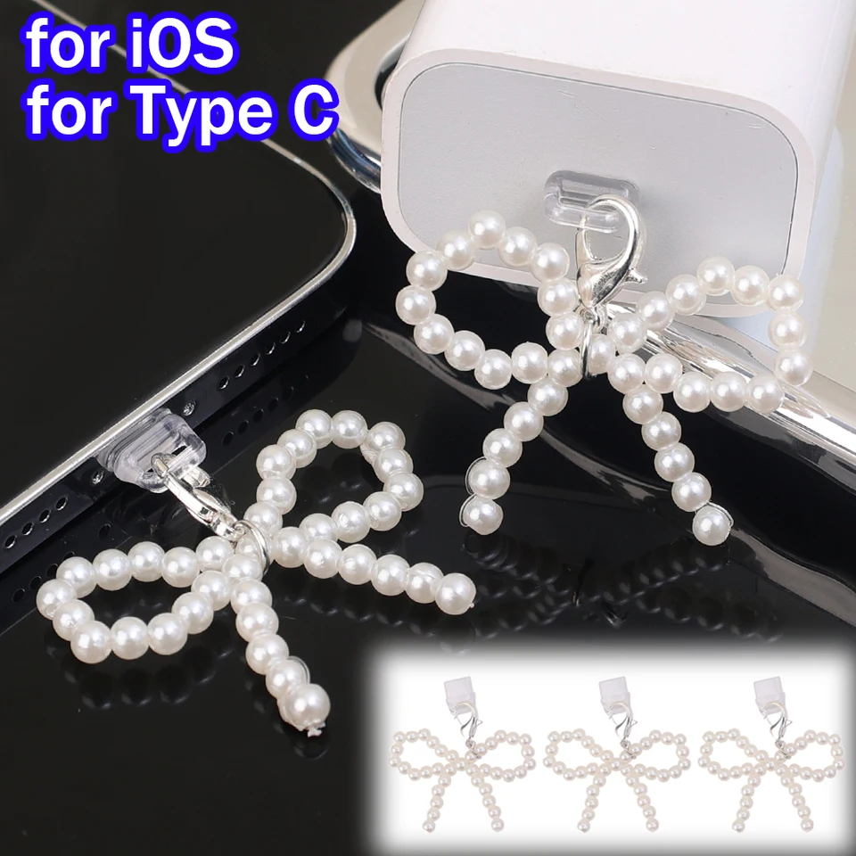 Pearl Bowknot mobilný telefón prachové zástrčky DIY anti prachové nabíjačky