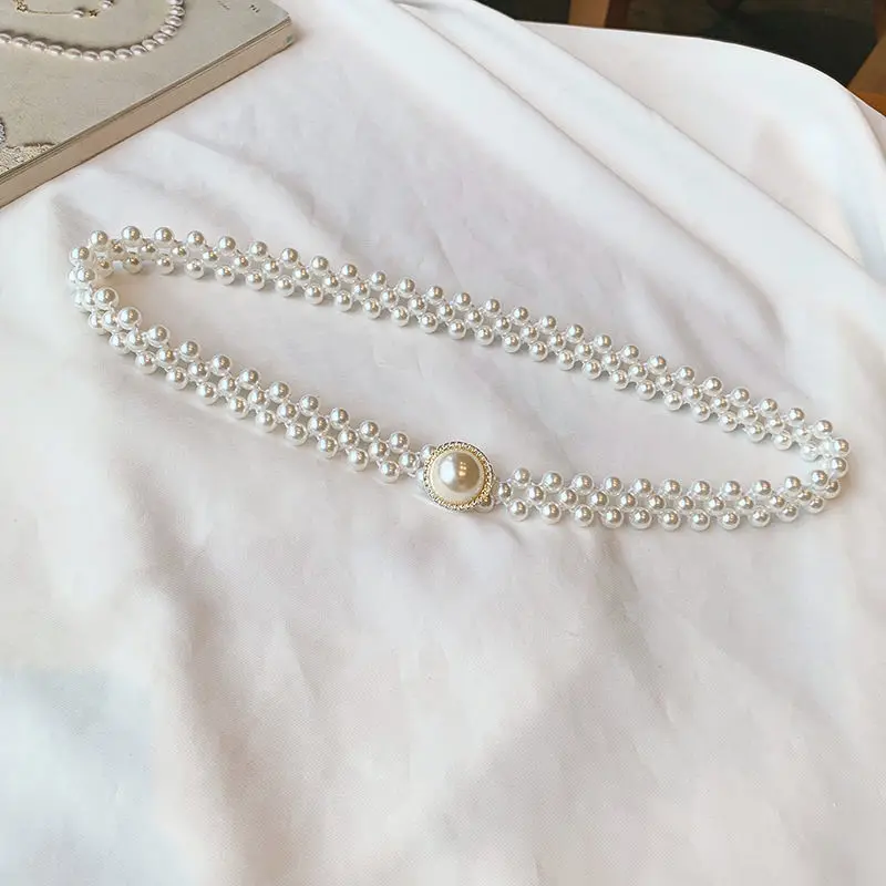 Pearl pás reťaz dámy veľké perly Diamond Fepty pás dekoráciu šaty tenký pás korálkový elastický pás