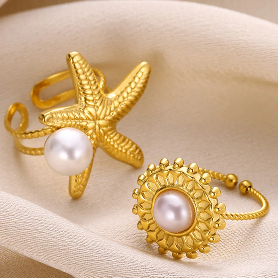 Pearl Star Ring Hviezdne prstene Anillos Shell Rings pre ženy zirkon korytnaté prsteň z nehrdzavejúcej ocele šperky letné oceánske plážové doplnky