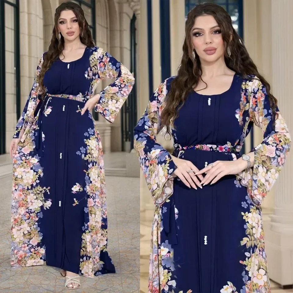 Pearly retro kvetinové tlačené šaty s opaskom Moslimské ženy Abaya módny okrúhly krk Vestidos Split rukávy jalabiya islam caftan