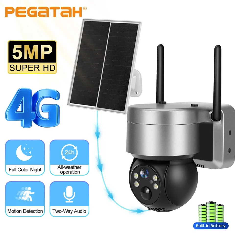 Pegatah 4G PTZ Solárna kamera Outdoor 5MP HD Wireless WiFi IP fotoaparát Solárny panel PIR Human Detection Security Waterproof Cam Camhi