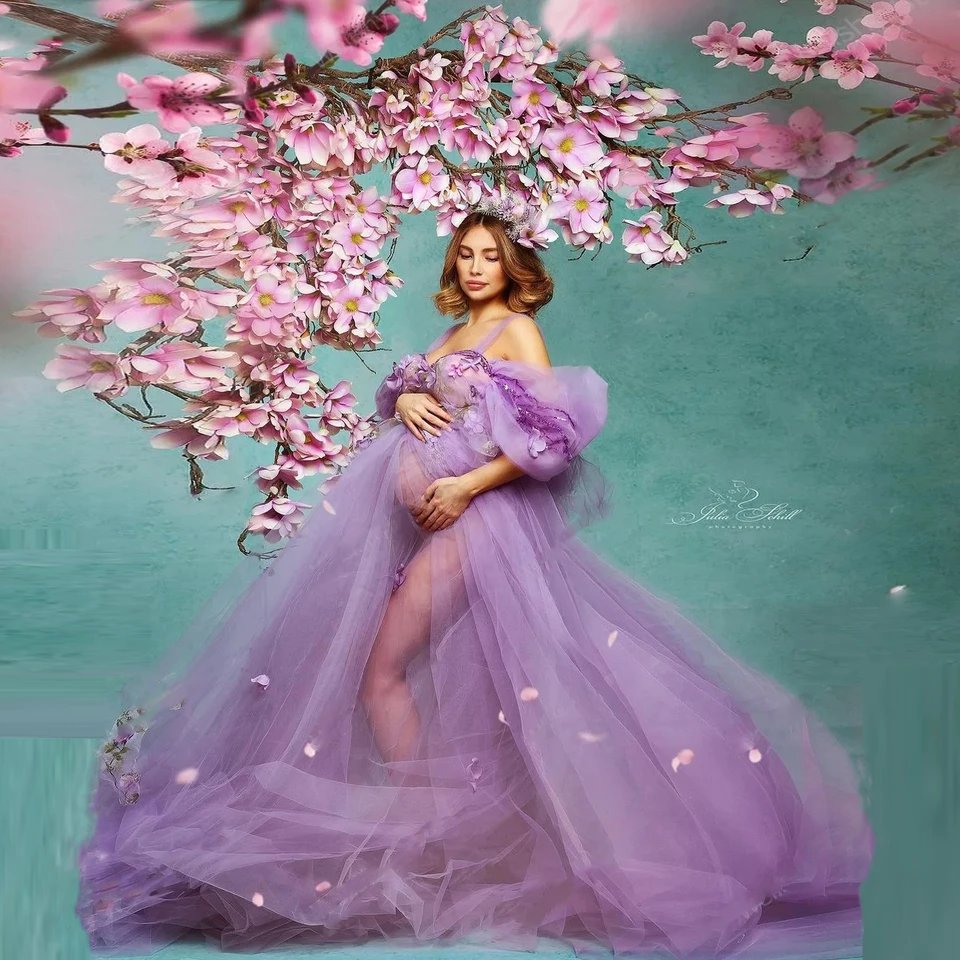 Pekné kvetinové tehotenské šaty Lilac Puff Sweetheart maxi šaty Tylové zlatíčko