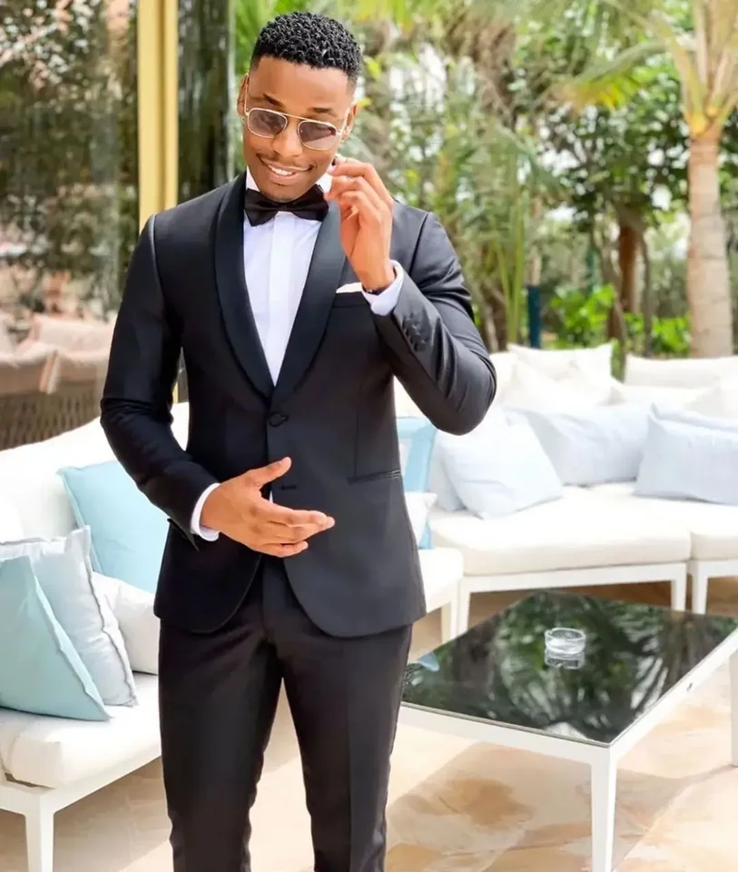 Pekné čierne dva kusy pánske obleky Slim Fit Svadobné ženíchy Tuxedos šál Formálny sako dlhé rukávy Prom (bunda+nohavice)