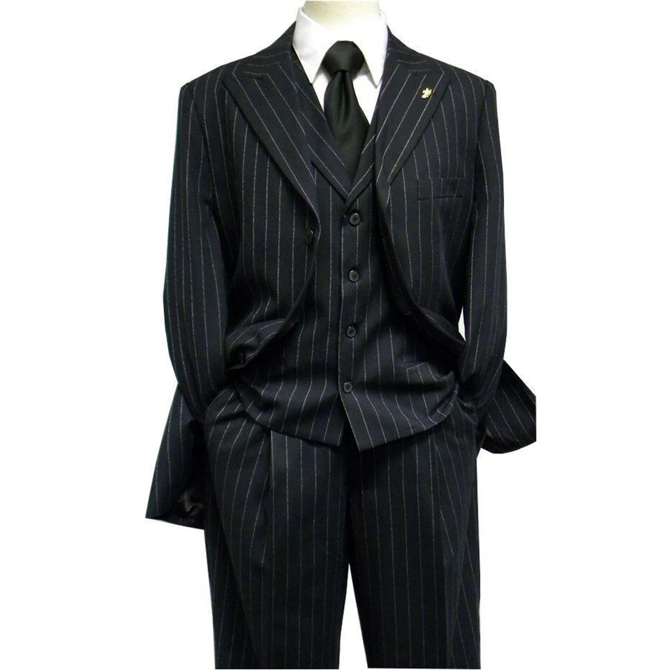 Pekný čierny pruhovaný pánsky oblek tri kusy (sako+nohavice+vesta) Chic Slim Casy Prom Prom Wedding Set