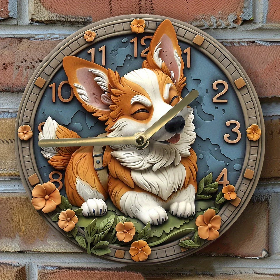 Pembroke Welsh Corgi 3D Wall Clock - hliníkový kov DIY hodiny jarná spálňa dekorácie Men Deň vďakyvzdania