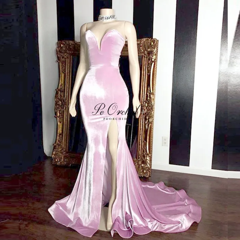 Peorchid Velvet Pink Mermaid Prom sa šaty s vysokou štrbinou sexy zlatíčko šaty de soiree longe 2020 vintage formálne šaty dlhé večierky