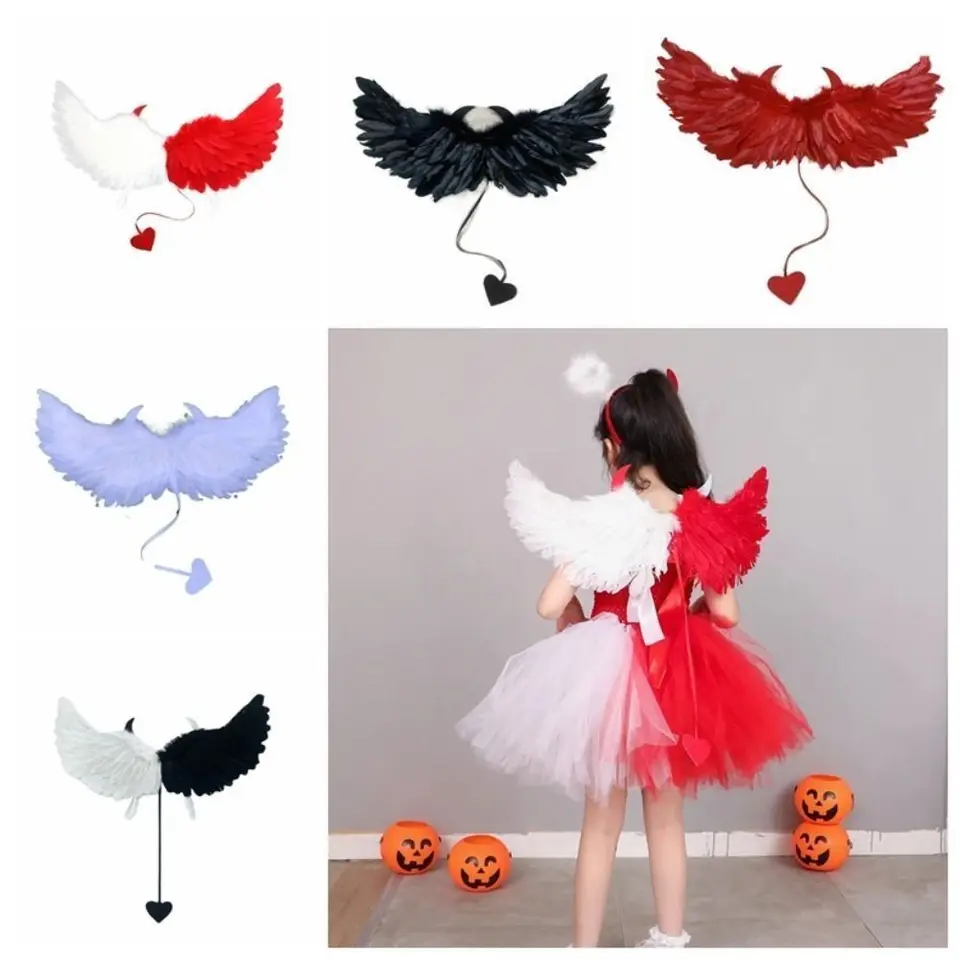 Perie Angel Feather Wing Love Tail Photo rekvizity Zlo Horn Cosplay doplnky unisex Halloween Party Costy props halloween