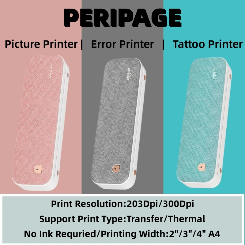 Peripage Prenosná tlačiareň A4 Tattoo Tattoo Tlatoo Mini bez atramentu bezdrôtového papiera bezdrôtového mobilného telefónu Bluetooth 203/304dpi