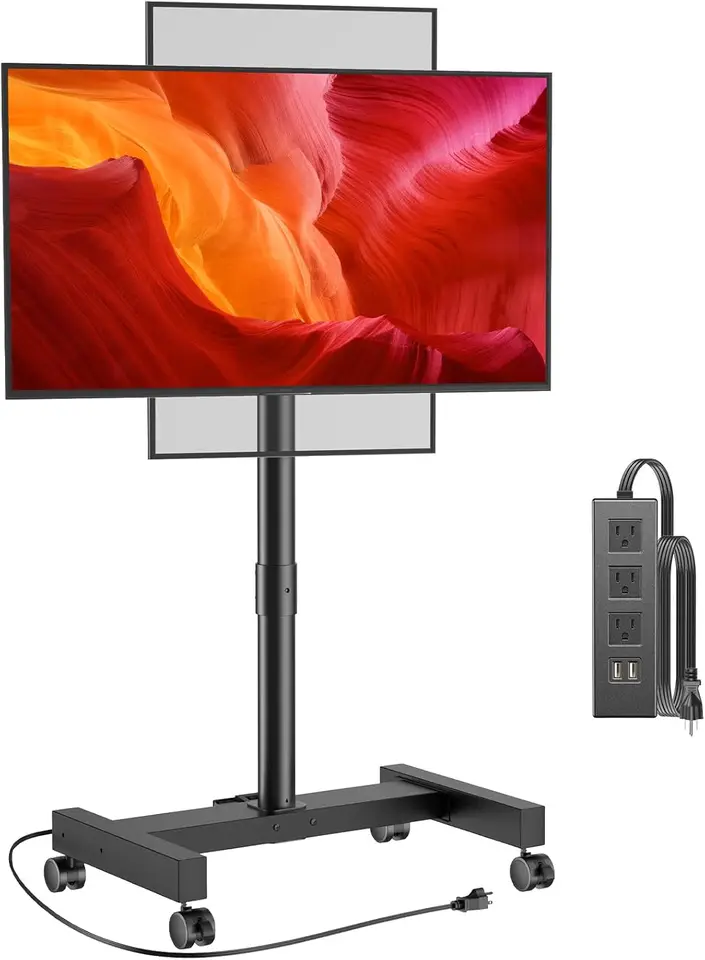 Perlegear Rolling TV stojan s elektrickou zásuvkou pre 26-50 palcové televízory až 55 libier, naklonenie portrétu mobilného televízora na krajinu, 8