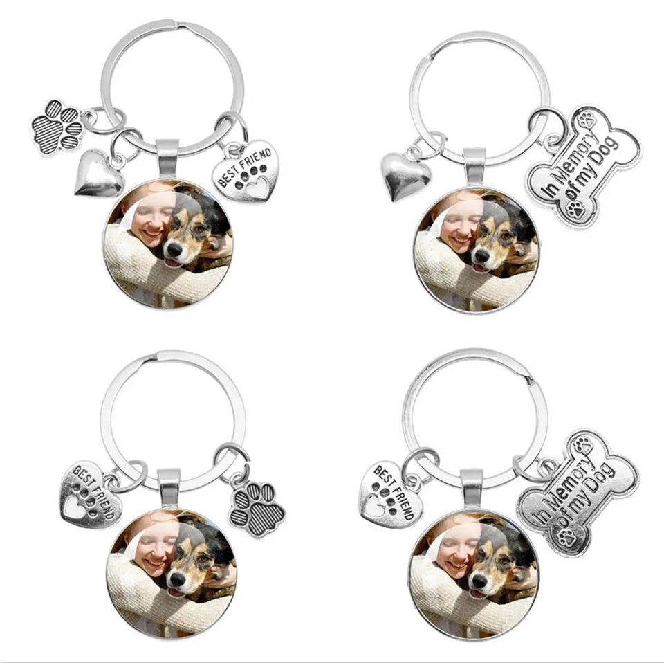 Personalizovaná vlastná fotografia Pet Dog Keychain I Love Dog Glass Cabochon Mini Heart Claw prívesok Keyring Car Key Man Darček