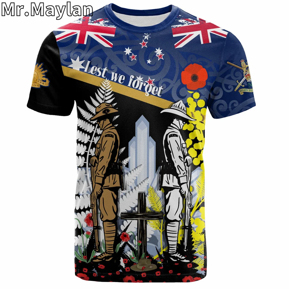 Personalizované 3D tlačené tričko Nového Zélandu Austrálsky armádny zbor Anzac Day Tshirt Men Ženy Streetwear Unisex Tee Tops-8