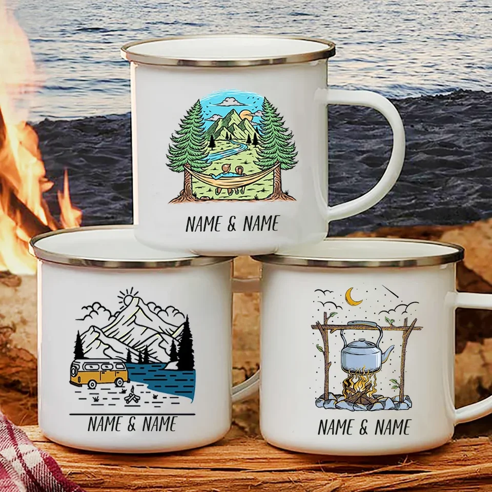 Personalizované meno karavan potlačené hrnčeky kempingu kemping smalt hrnček dobrodružstvo Campfire Party
