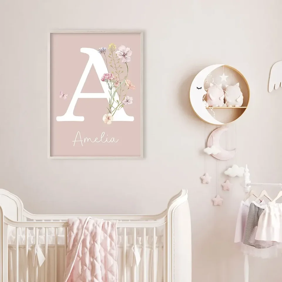 Personalizované meno vlastné umelecké kvetinové plátno plagát ružový dekor plagát poster nástenné plagáty dievčenské spálne dekor