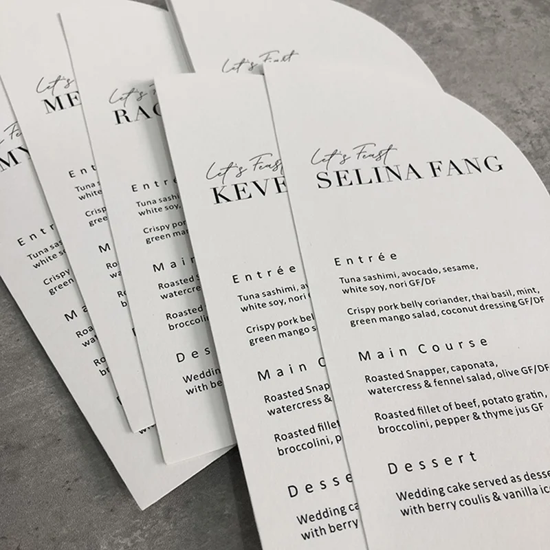 Personalizovaný 50ks svadobná láskavosť Zakrivená EDG Menu Card Paper