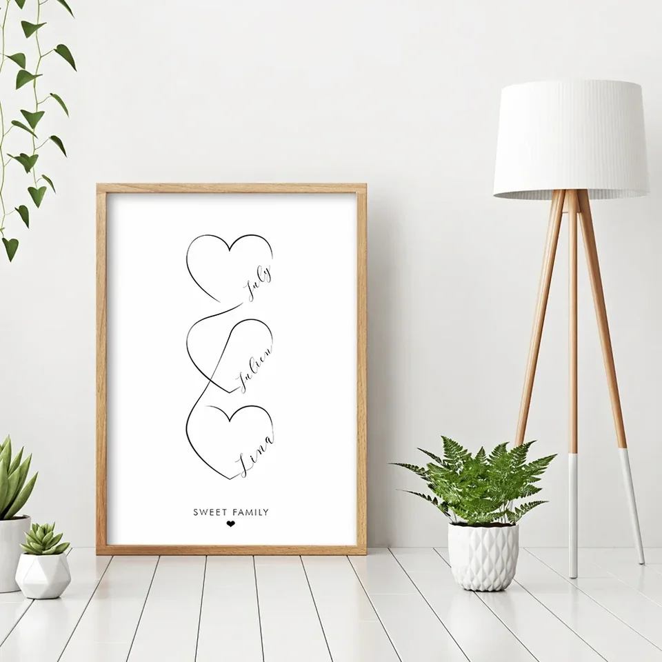 Personalizovaný rodinný srdcový plagát: Vlastné krstné mená, Obývacia izba Dekorácia obrázok - Canvas Art Print Wall maľba