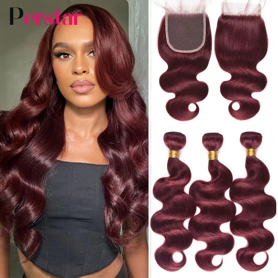 Perstar Hair 99j farebné telo vlny Body Humanské vlasové zväzky so zatváraním vlasov Brazílske zväzky vlasov s čipkovaným uzáverom Burgundsko