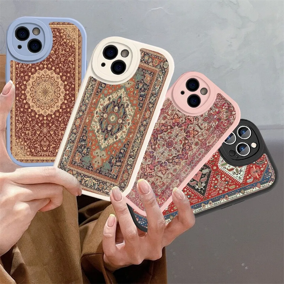 Perzský koberec kvetinový vzor Púzdro Puzdro Tvrdá koža pre iPhone 14 13 12 Mini 11 14 Pro Max xs x xr 7 8 plus fondy