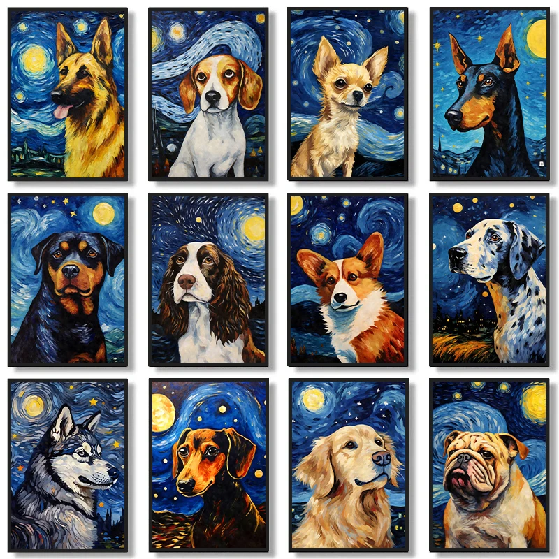 Pes a Van Gogh's Star plagát Wall Art Golden Retriever Koki Doberman Pinscher Jacshund Canvas maľba pre dekoráciu obývacej izby