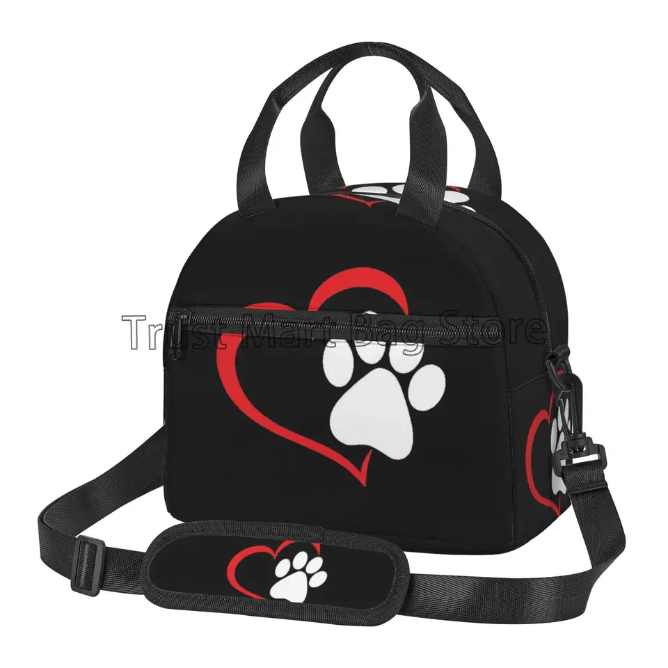 Pes labky izolovaná obedová taška pre deti Ženy Red Love Srdce Puppy Paw Lunch Box s ramenným remienkom Restivala tepelná taška na bento