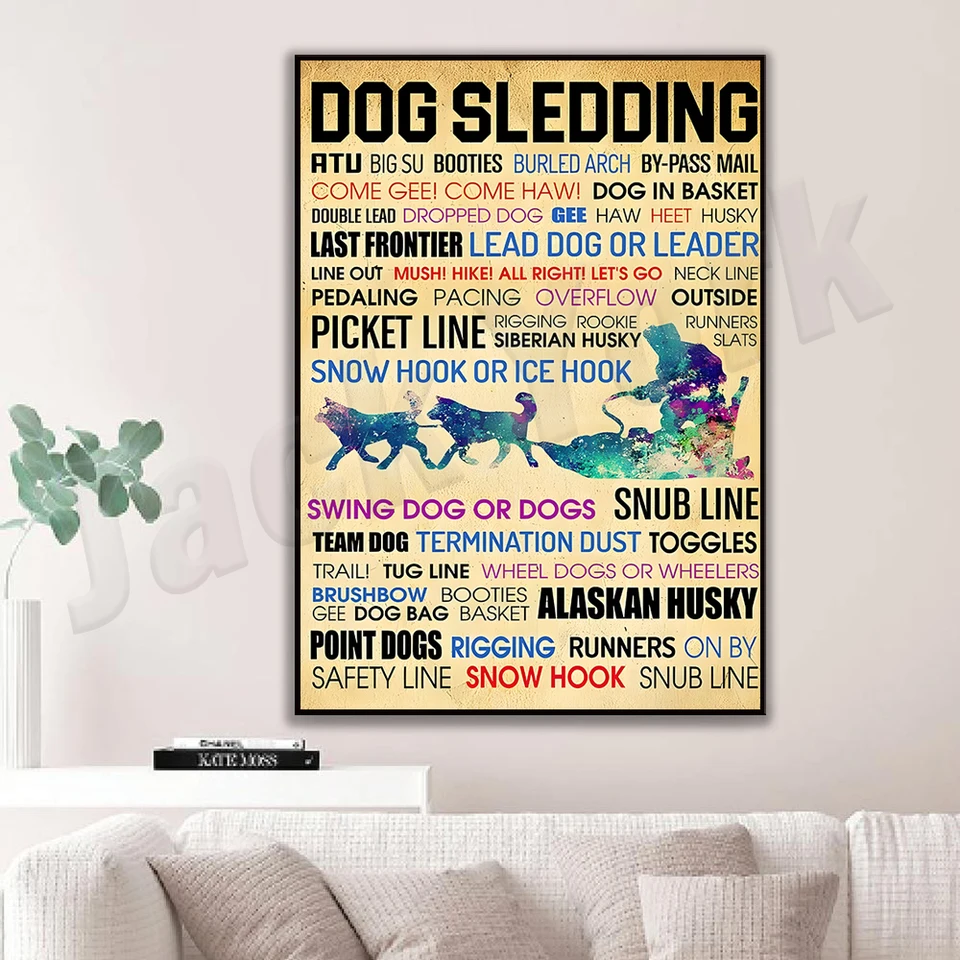 Pes Sled Retro Club Decor Decor Snow Hook alebo Ice Hook Plagát Pár izby vonkajšia stena dekor