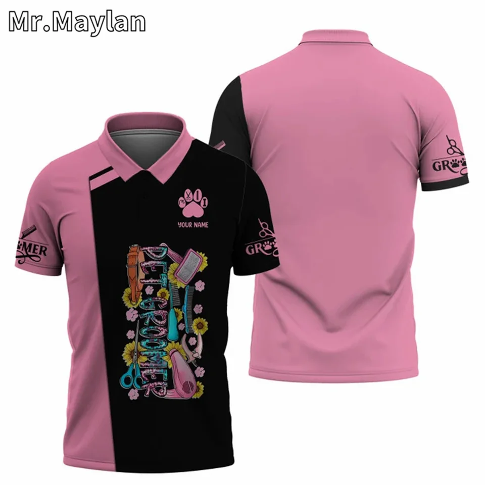 Pesonalizovaný Pow Dog Groomer 3d ružová pol košeľa Dámske oblečenie darček pre groomer starostlivosť o uniformu pet salón unisex tričky Tops