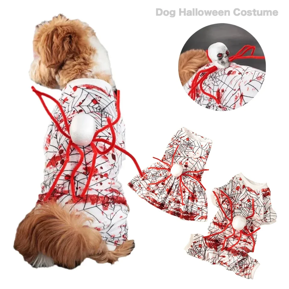 Pesové šaty vtipné psie oblečenie strašidelné krv Spider Cosplay kostým na Halloween vianočné narodeniny