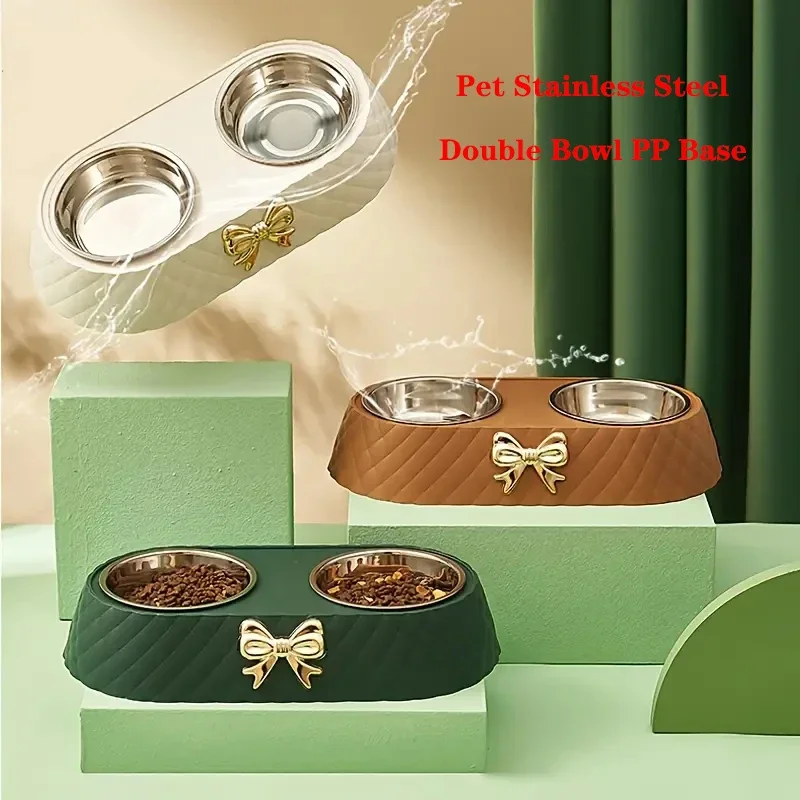 Pet dodáva motýlikovú kravatu Cat Food Bowl PP Základná psa misa z nehrdzavejúcej ocele dvojvrstvové doplnky pre domáce zvieratá Kŕmenie a pitie dvojitého luku