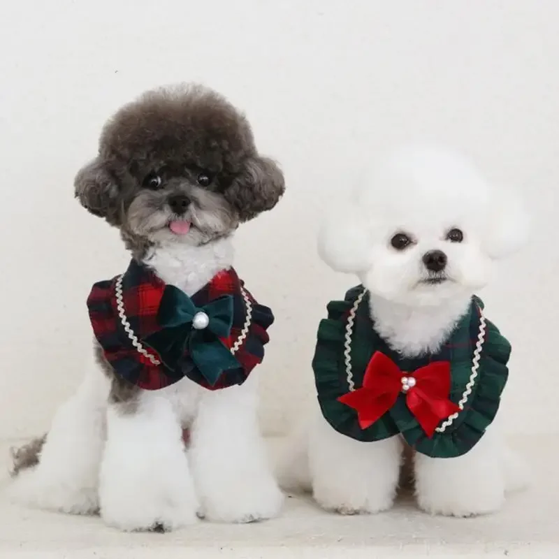 Pet Dog Cat Plaid Plaid Lhow Pearl Scarf Roztomilý a sladké sliny uterák vianočné psie psie doplnky pre malé psov pre malých psov