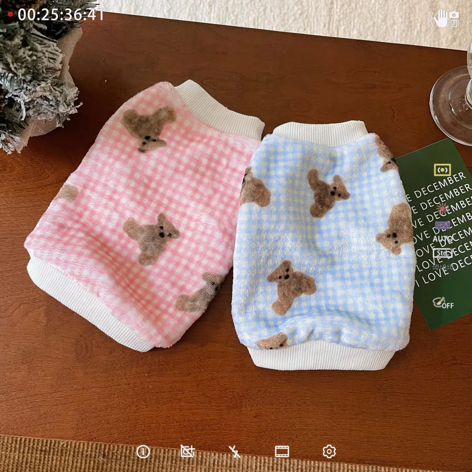 Pet jesenné a zimné fleece Plaid Hoodie Dog Pullover Top Domáce nosenie plyšového medveďa pre malé psie oblečenie šteňa pre malých psov