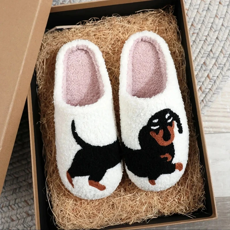 PET PET vzor jazvečiek Vyšívaný dom plnený domom hustý podrážok Plaid Furry Cotton Plippers Cyt