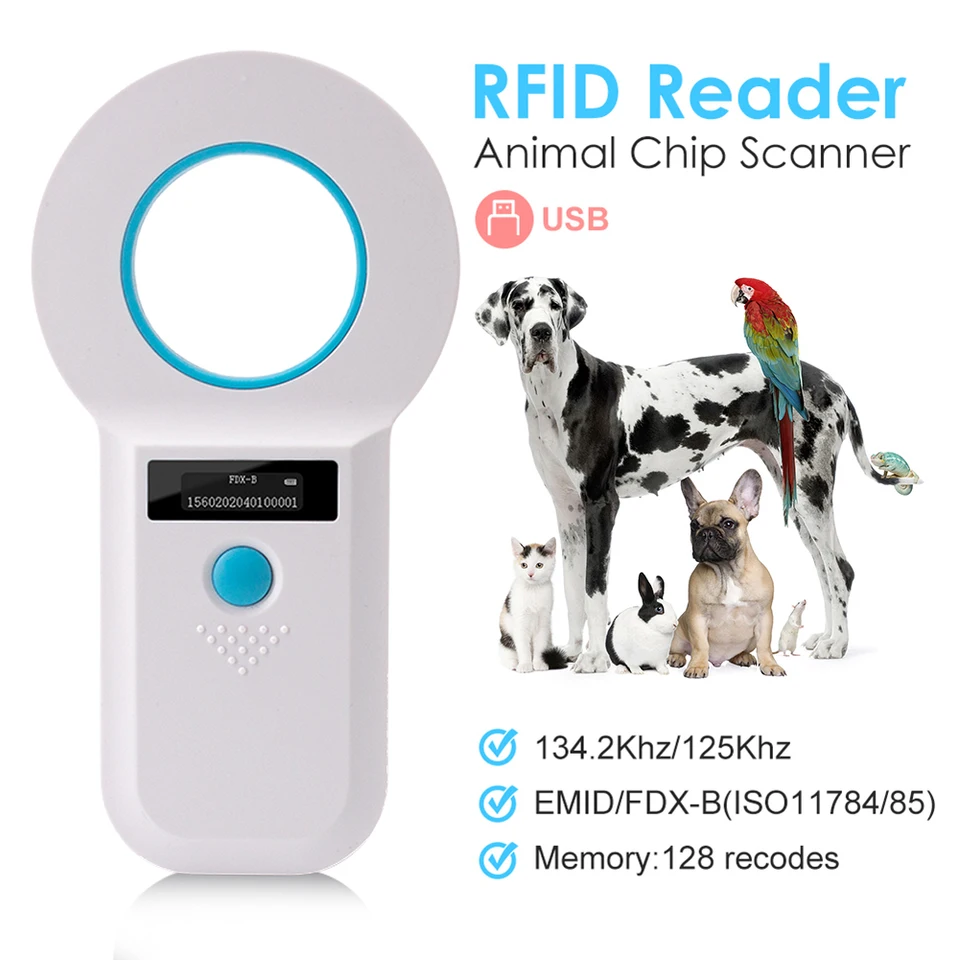 Pet skener ISO11784/85 FDX-B Animal Pet ID čítačka Čip Transpondér 134,2 kHz/125 kHz Emid RFID vrecká na čítanie zvierat