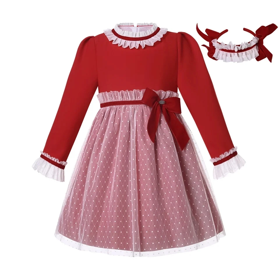 Pettigirl Cute Autumn Winter Red Formal Evening Party Prom Svadobná družička Polka Dots Dresses & Hairband Veľkosť