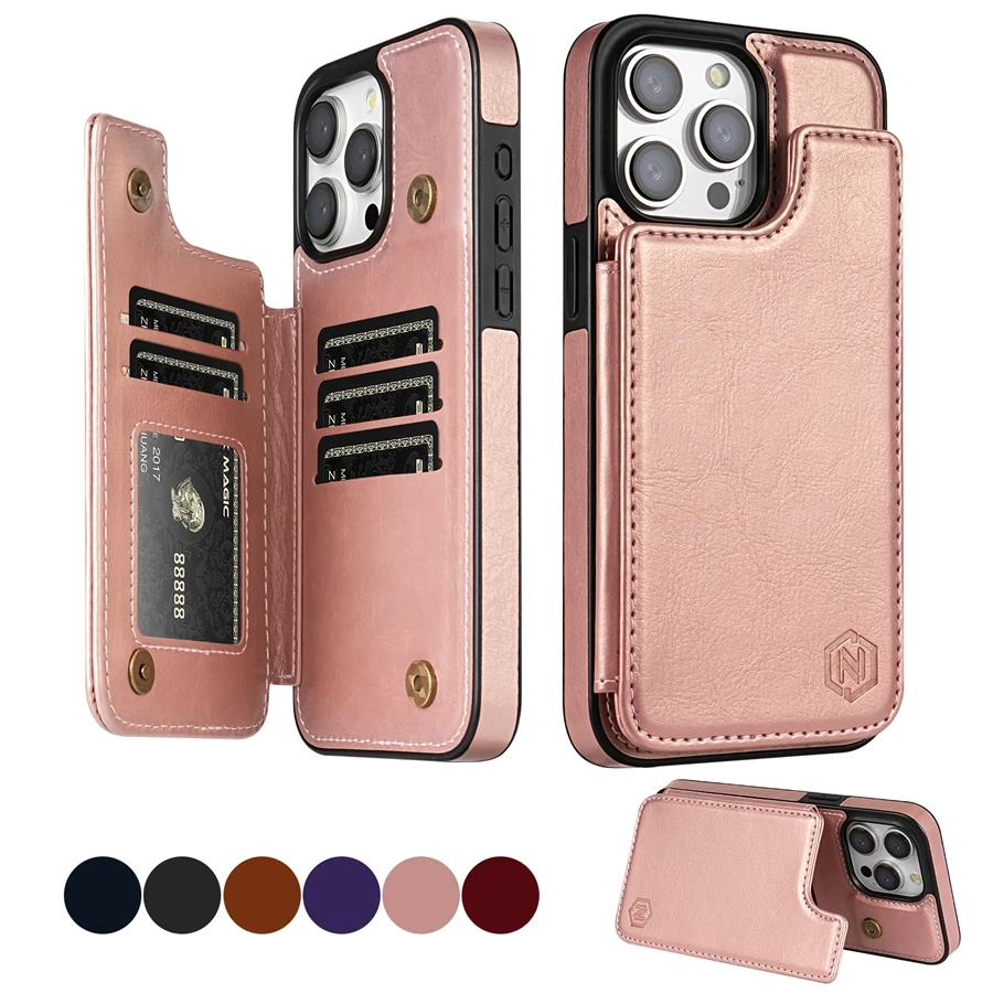 Pevne farebná farba Magnetická dvojitá pracka RFID Blokujúca karta pre kožené puzdro pre iPhone 15 Pro Max 14 plus 13 12 11 xr xs SE 2 8 7