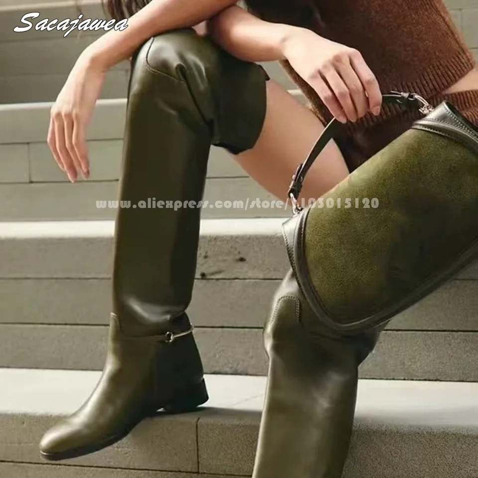 Pevné lesklé kovové dekorácie stredné päty topánky nad kolennými topánkami Lady Veľkosť 35-43 Big Shaft Casual Boots Round Toe Cigarette topánky