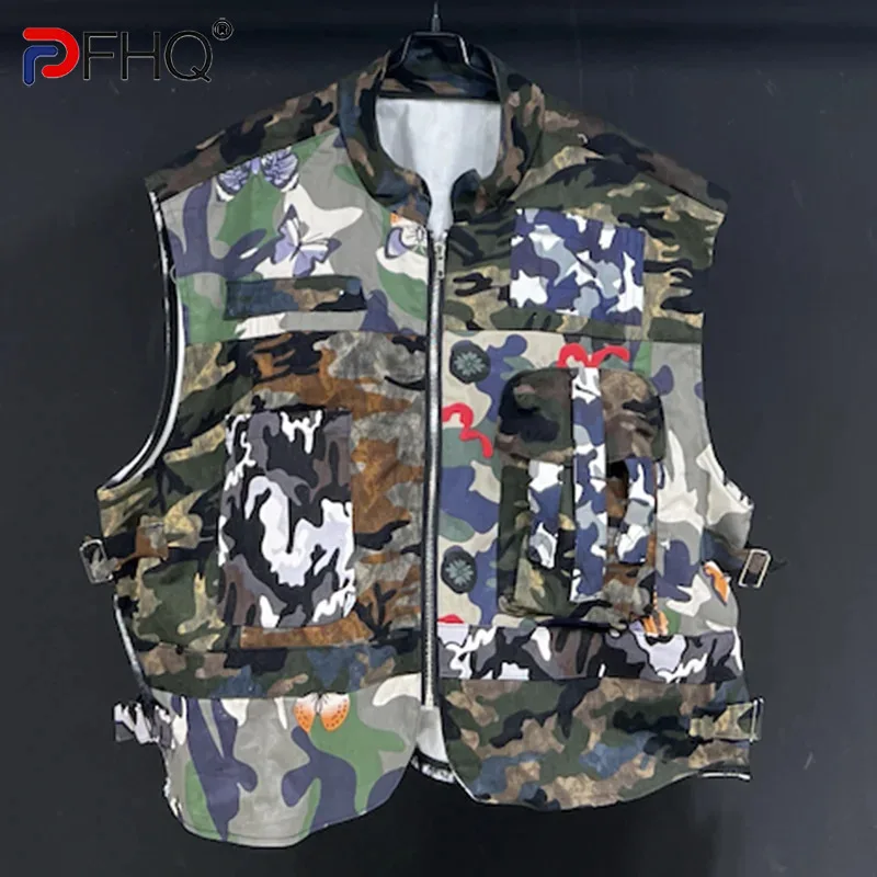 PFHQ Camouflage Patchwork Design Design Mužská vesta Advanced Hip-Hop Pattern Cool Streetwear Zippers Outdoor vesta leto nové 21Z4446