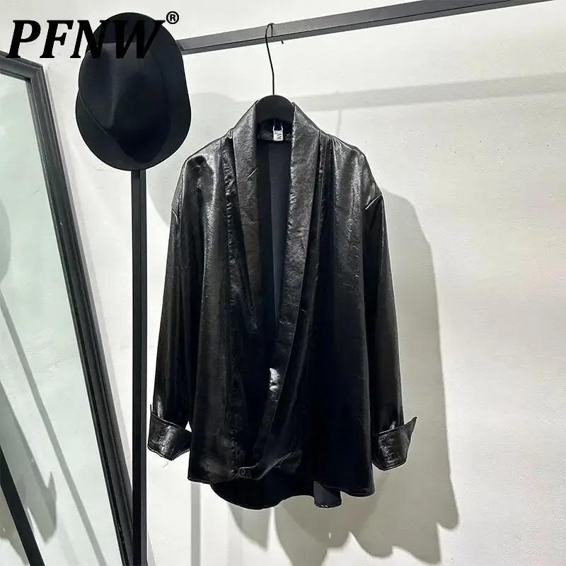 PFNW 2025 Spring Trend Husté pánske košele voľné hlboké V-Neck PU kožená košeľa Niche dizajn voľný kauzálny príčinný rukáv Top 12C1763