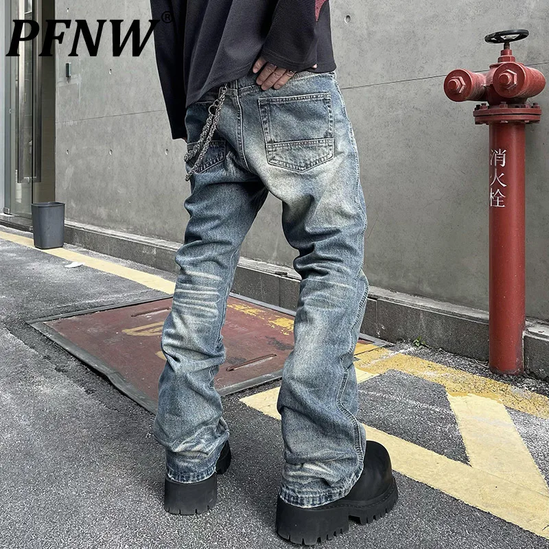 PFNW American Street Blue zúfalé opotrebované diery rovné džínsy Pánske ležérne dizajn Denim dlhé nohavice 2025 nový 12C2335
