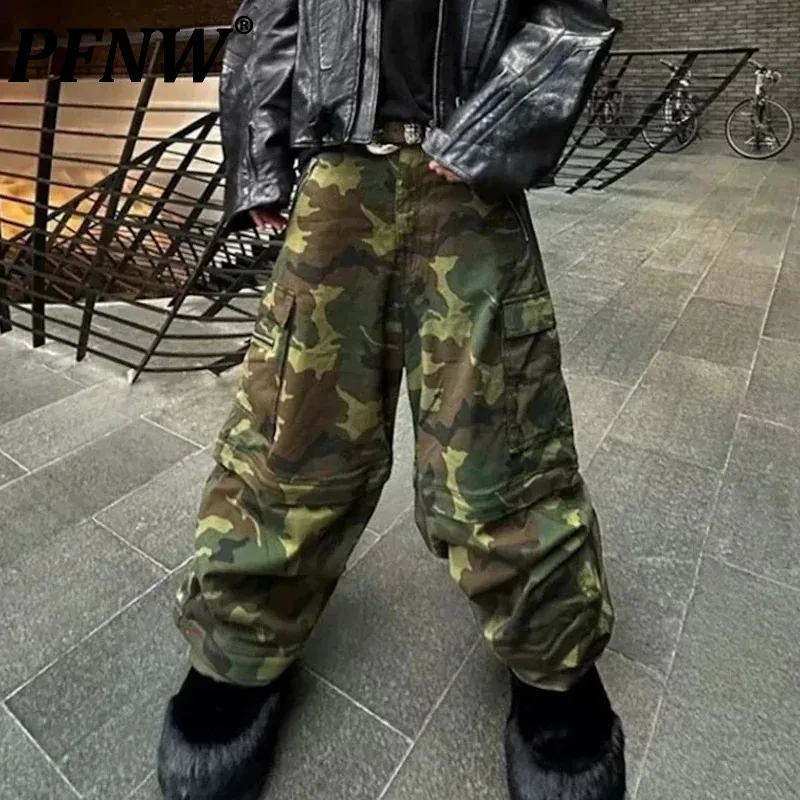 PFNW Camouflage Multi vreckový dizajn zipsu Nákladné nohavice Pánske voľné neformálne nohavice s priamymi nohami 2025 jar Nový trend 28W5056