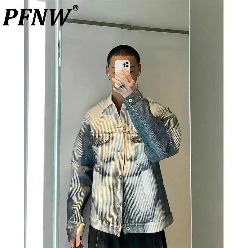 PFNW Niche Striped Gradient ABS digitálna tlač krátky denim bunda 2025 Tide Trendy Pánska jarná voľná kabát klopa 28W5518