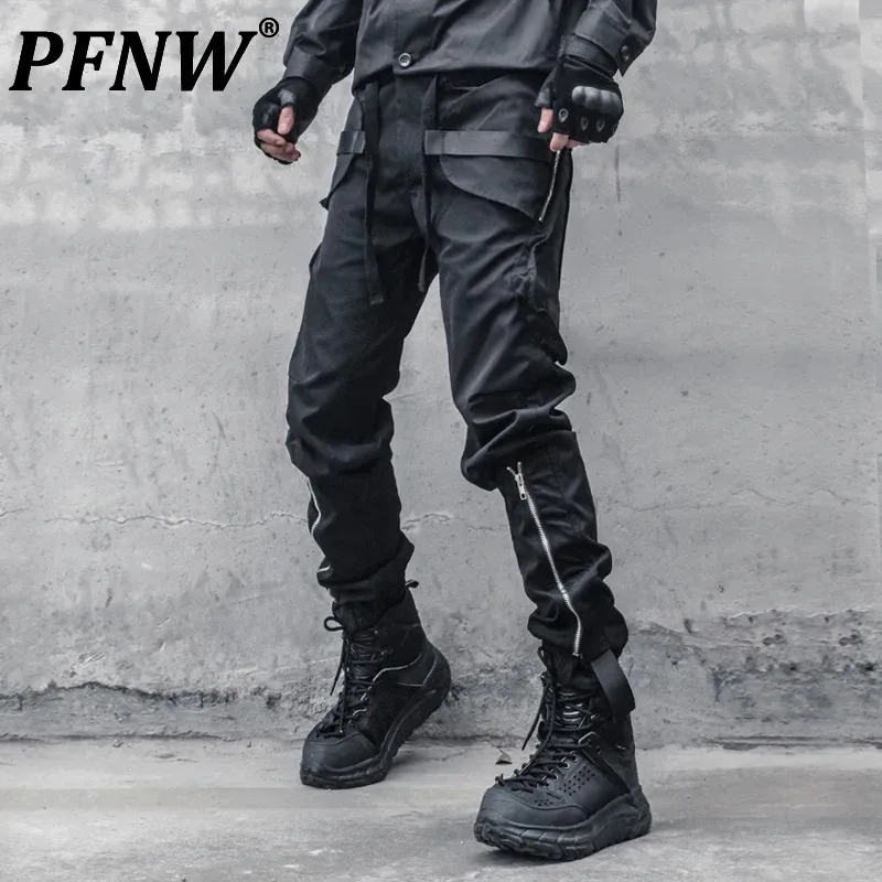 PFNW Original Fashion Pánske tmavé oblečenie zips veľké vreckové šitie punk legíny taktické funkčné príležitostné nohavice 12Z4291