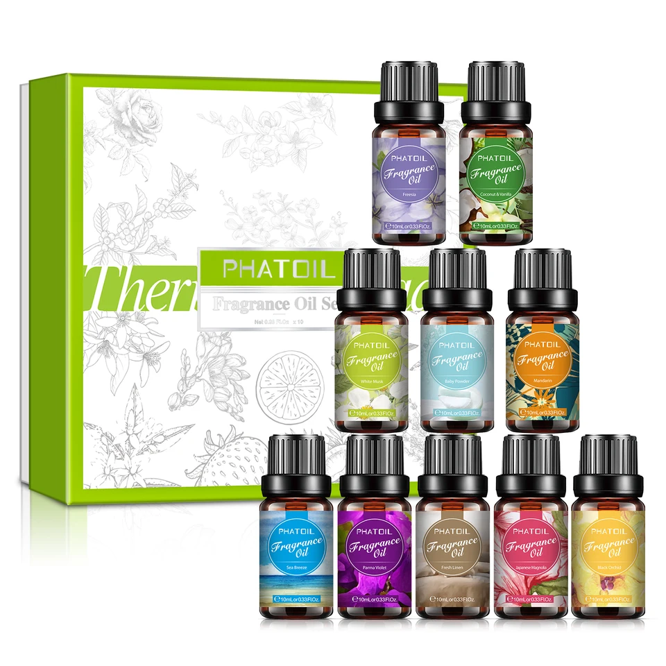 Phatoil 10ks vôňový olej set 10 ml éterických olejov sada darčekových skriniek pre difúzor zvlhčovač Vzné mydlo na sviečka