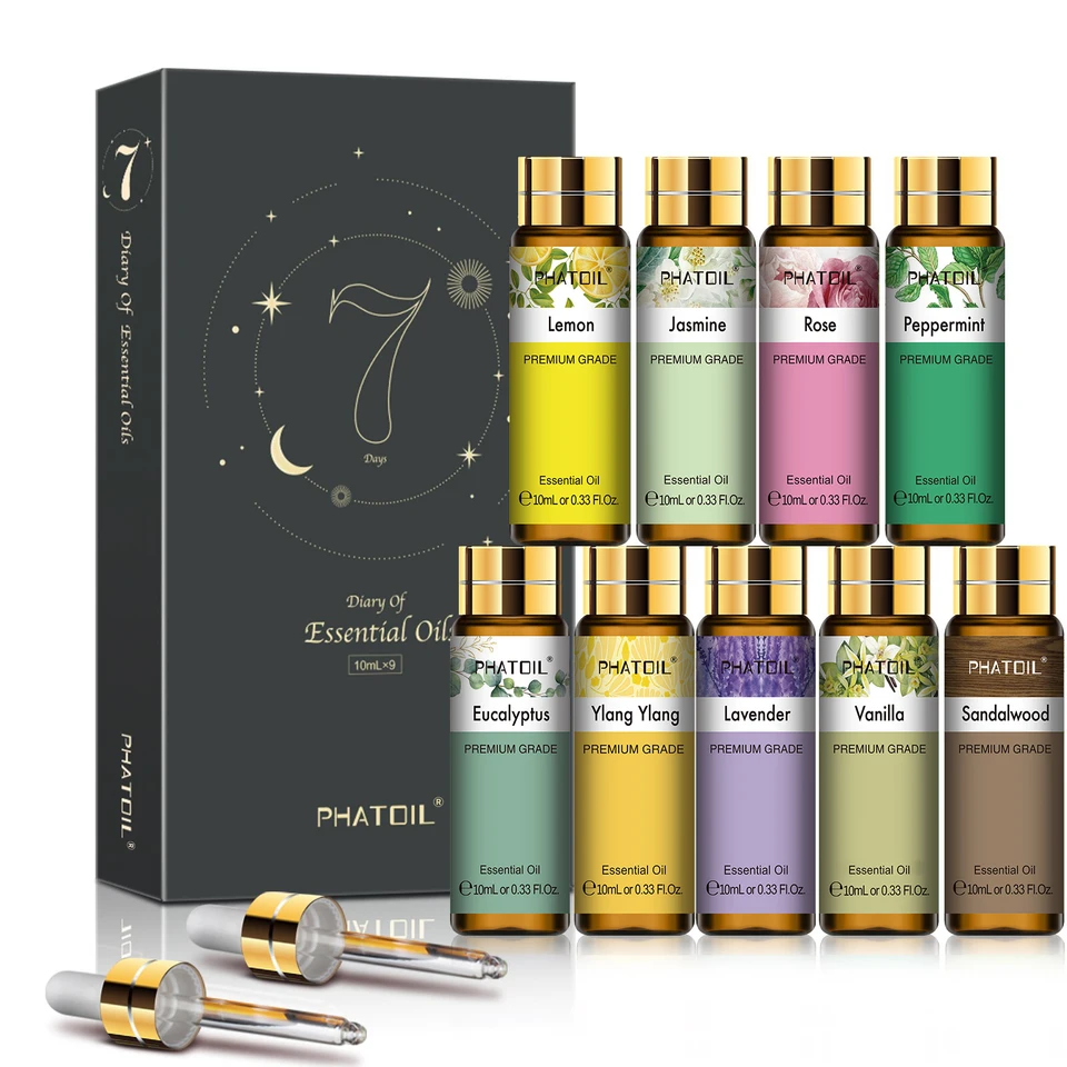Phatoil 9pcs éterický olej Nastavený pre difúzor-10 ml levanduľový mäta pumpina eukalyptu ylang ylang vanilkový ružový ružový arómový olej