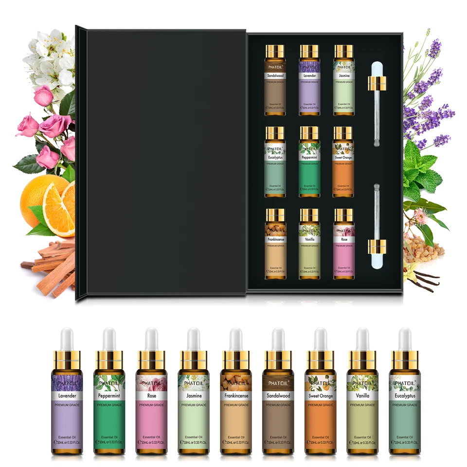 Phatoil 9pcs éterický olej set-10 ml levanduľa Jasmine Eukalyptus vanilka mäta pieporné santalové drevo Sladký oranžový olej Rose Oil