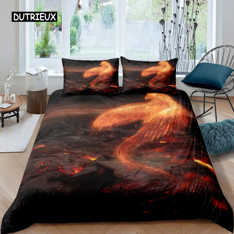 Phoenix Duvet Cover Set Queen Veľkosť Fire Fenix ​​Lietajúca nad sopkou posteľnú obliečku Deti pre dospelých mäkký pohodlný kryt prikrývky